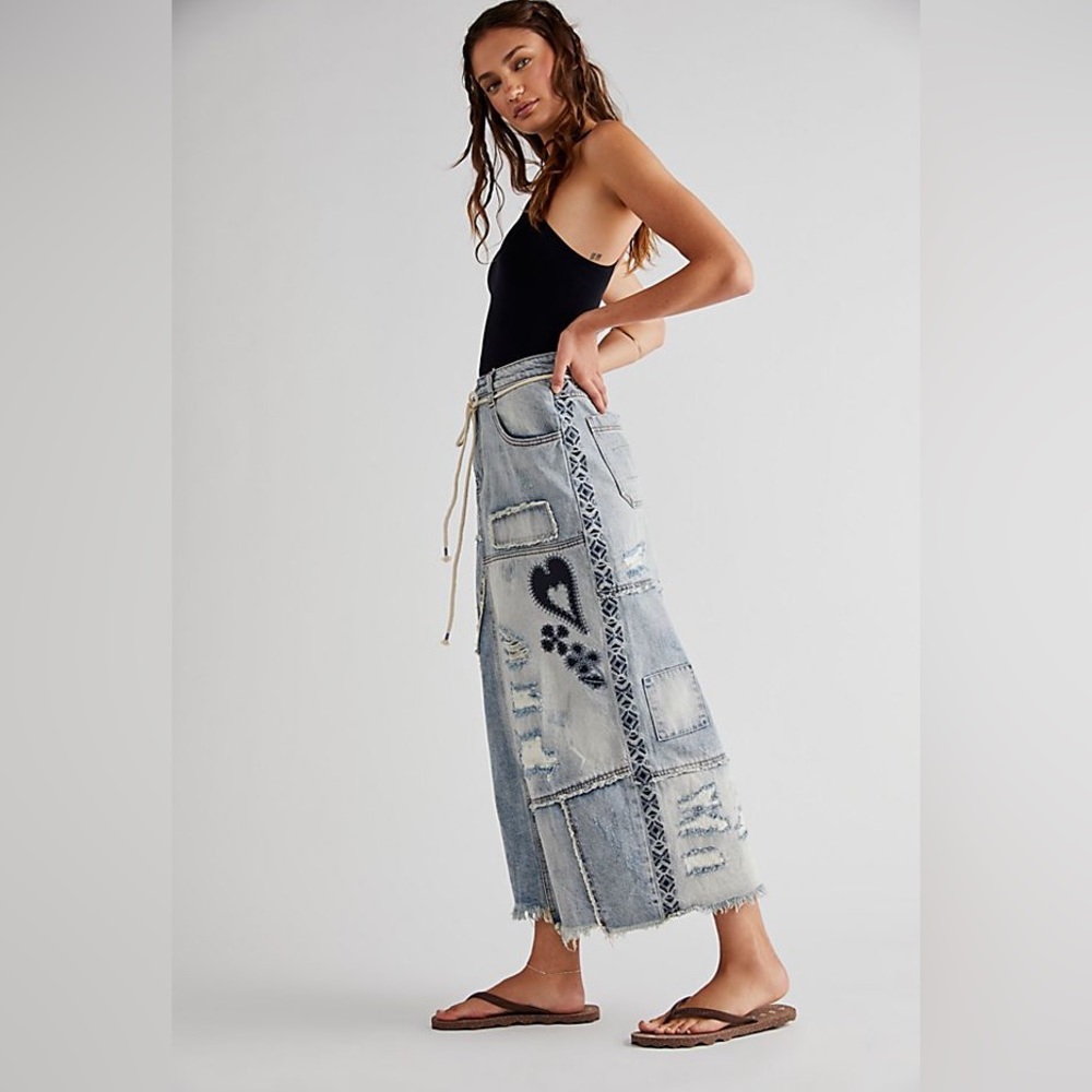 Free People Patchwork Denim Maxi Skirt - Blue